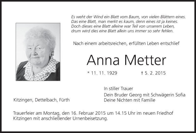  Traueranzeige für Anna Metter vom 13.02.2015 aus MGO