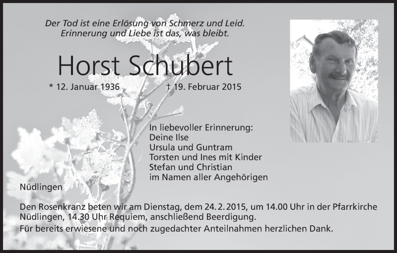  Traueranzeige für Horst Schubert vom 23.02.2015 aus MGO