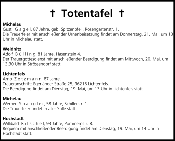 Anzeige von Totentafel vom 19.05.2015 von MGO