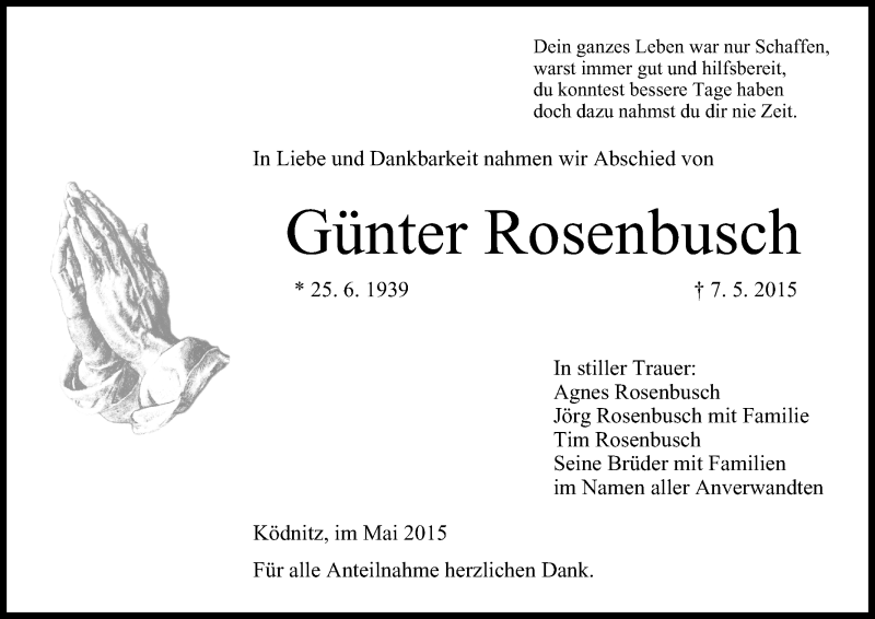  Traueranzeige für Günter Rosenbusch vom 16.05.2015 aus MGO