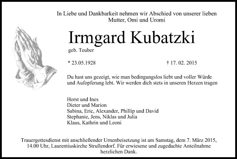  Traueranzeige für Irmgard Kubatzki vom 28.02.2015 aus MGO