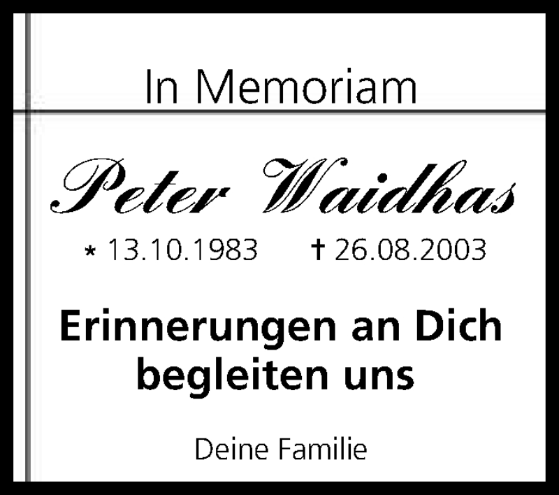  Traueranzeige für Peter Waidhas vom 26.08.2015 aus MGO