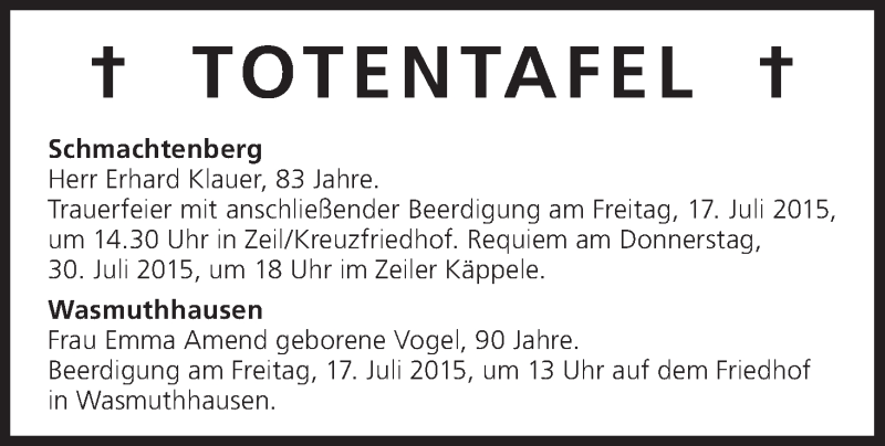  Traueranzeige für Totentafel Klauer vom 17.07.2015 aus MGO