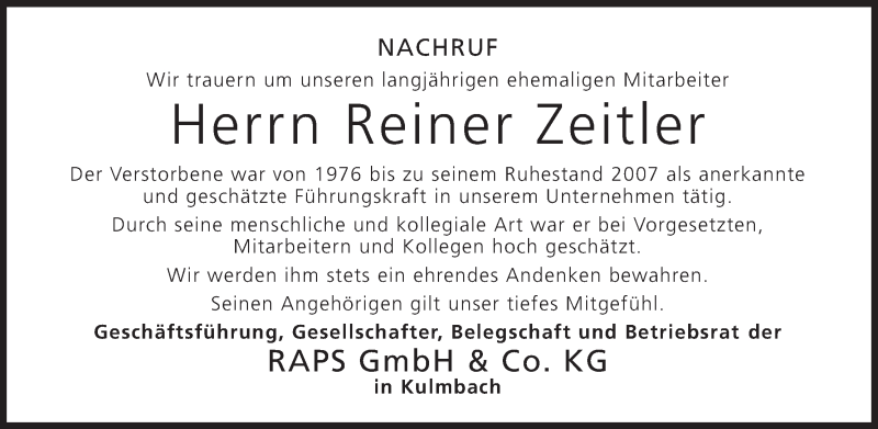  Traueranzeige für Reiner Zeitler vom 13.03.2015 aus MGO