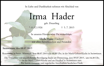 Anzeige von Irma Hader von MGO
