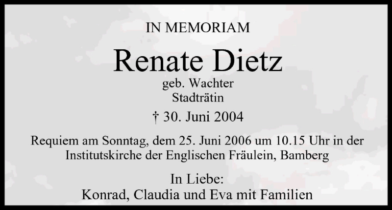  Traueranzeige für Renate Dietz vom 24.06.2006 aus MGO