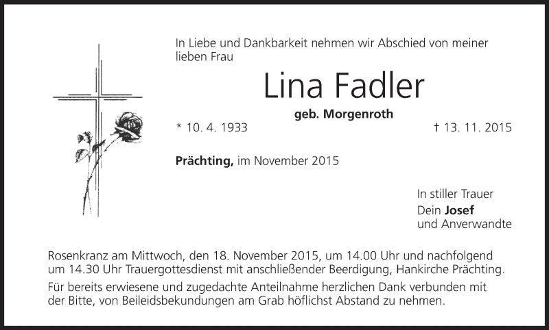  Traueranzeige für Lina Fadler vom 17.11.2015 aus MGO