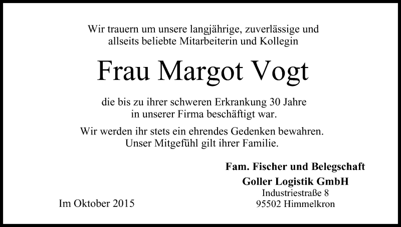 Traueranzeige für Margot Vogt vom 14.10.2015 aus MGO