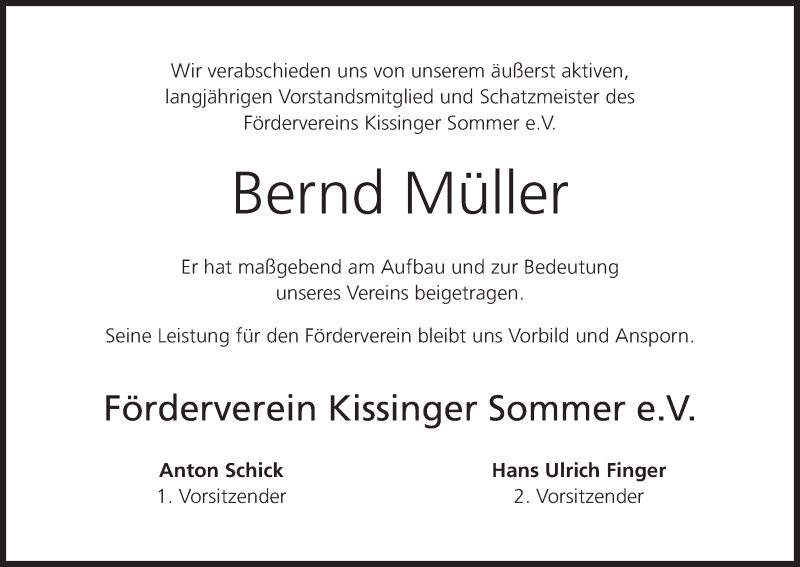  Traueranzeige für Bernd Müller vom 10.02.2015 aus MGO
