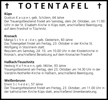 Anzeige von Totentafel vom 23.10.2015 von MGO