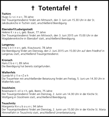 Anzeige von Totentafel vom 02.06.2015 von MGO