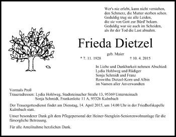 Anzeige von Frieda Dietzel von MGO
