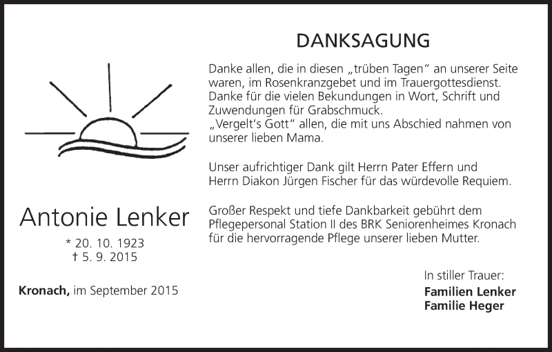  Traueranzeige für Antonie Lenker vom 19.09.2015 aus MGO