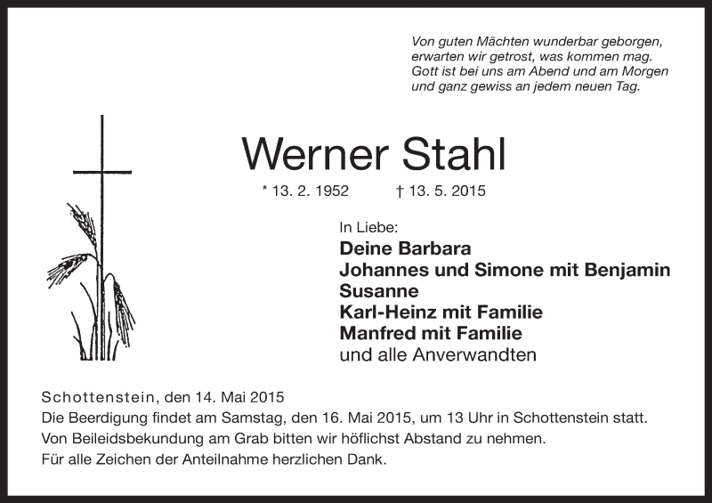  Traueranzeige für Werner Stahl vom 14.05.2015 aus MGO