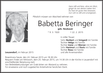 Anzeige von Babetta Beringer von MGO