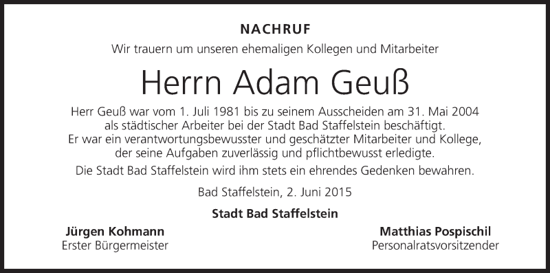  Traueranzeige für Adam Geuß vom 03.06.2015 aus MGO