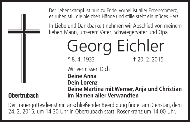 Traueranzeige für Georg Eichler vom 21.02.2015 aus MGO