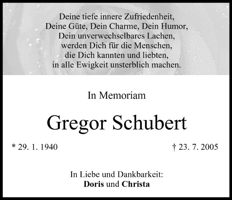  Traueranzeige für Gregor Schubert vom 22.07.2006 aus MGO
