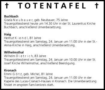 Anzeige von Totentafel vom 23.01.2015 von MGO