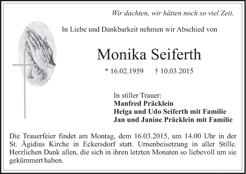  Traueranzeige für Monika Seiferth vom 13.03.2015 aus MGO