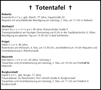 Anzeige von Totentafel vom 30.04.2015 von MGO