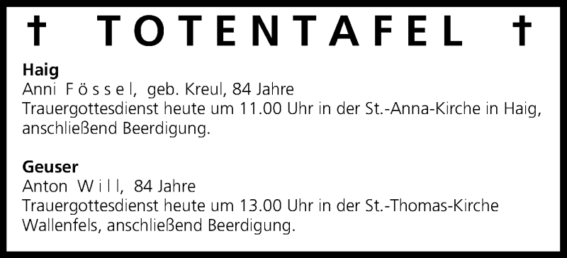 Traueranzeige für Totentafel 02.02.2015 vom 31.01.2015 aus MGO