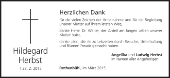 Anzeige von Hildegard Herbst von MGO
