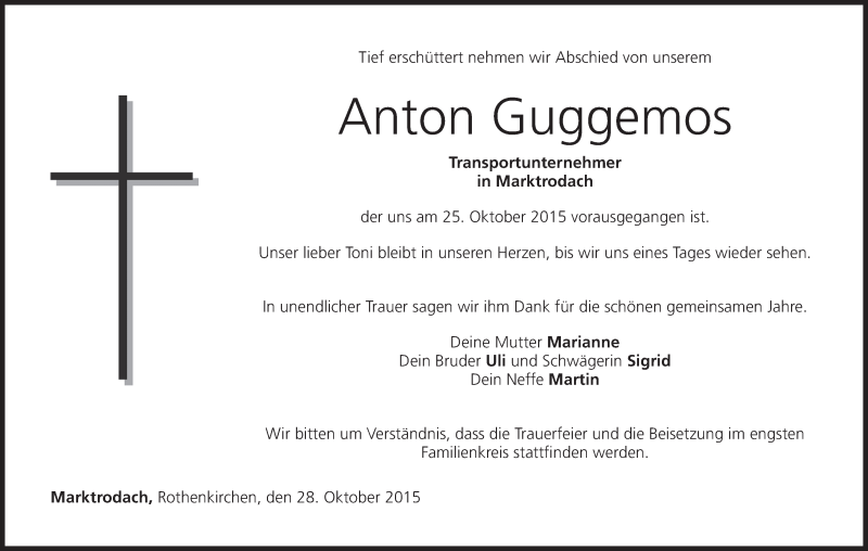  Traueranzeige für Anton Guggemos vom 28.10.2015 aus MGO