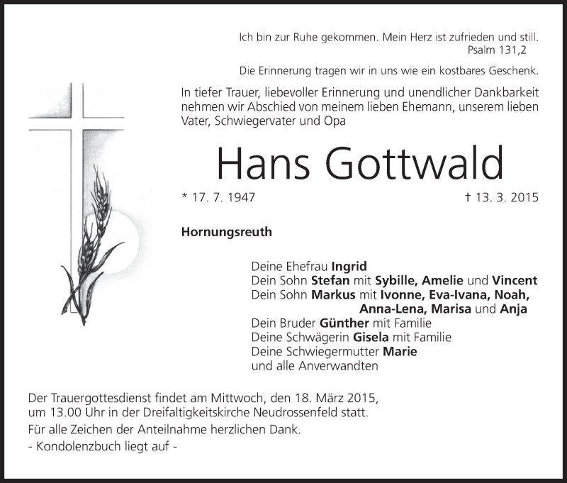  Traueranzeige für Hans Gottwald vom 16.03.2015 aus MGO