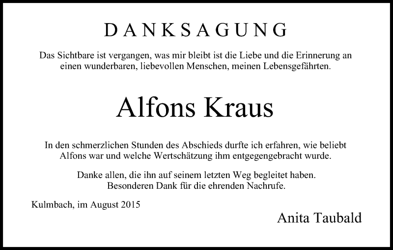  Traueranzeige für Alfons Kraus vom 29.08.2015 aus MGO
