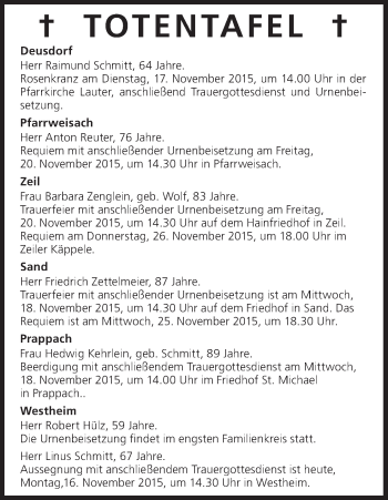 Anzeige von Totentafel vom 16.11.2015 von MGO
