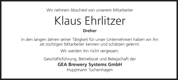 Anzeige von Klaus Ehrlitzer von MGO