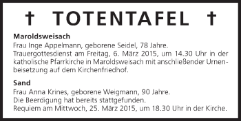 Anzeige von Totentafel vom 06.03.2015 von MGO