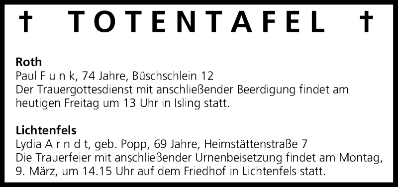  Traueranzeige für Totentafel vom 06.03.2015 vom 06.03.2015 aus MGO