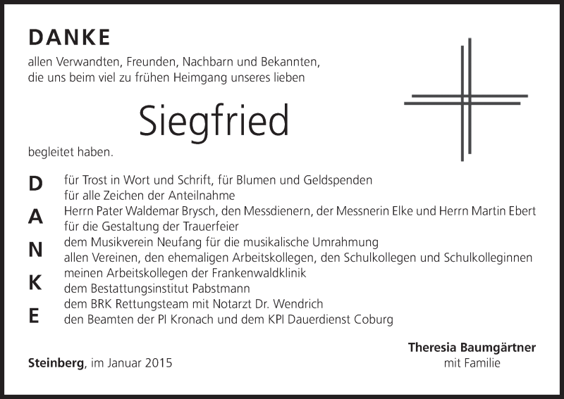  Traueranzeige für Siegfried Baumgärtner vom 21.01.2015 aus MGO