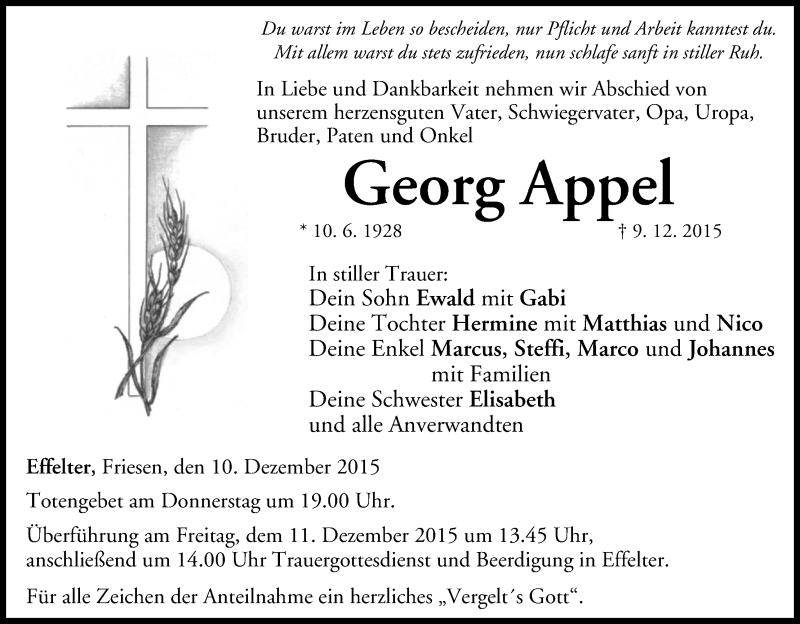  Traueranzeige für Georg Appel vom 10.12.2015 aus MGO