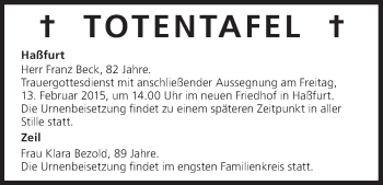Anzeige von Totentafel vom 13.02.2015 von MGO