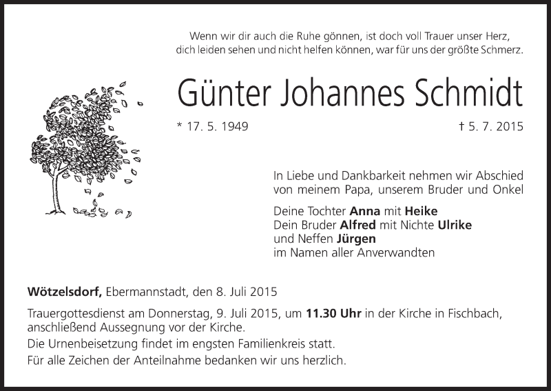  Traueranzeige für Günter Johannes Schmidt vom 08.07.2015 aus MGO