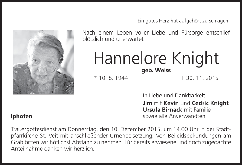  Traueranzeige für Hannelore Knight vom 07.12.2015 aus MGO