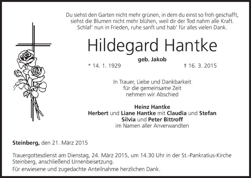  Traueranzeige für Hildegard Hantke vom 21.03.2015 aus MGO