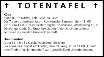 Anzeige von Totentafel, vom 14.08.2015 von MGO