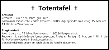 Anzeige von Totentafel vom 14.05.2015 von MGO