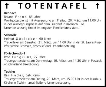Anzeige von Totentafel vom 19.03.2015 von MGO