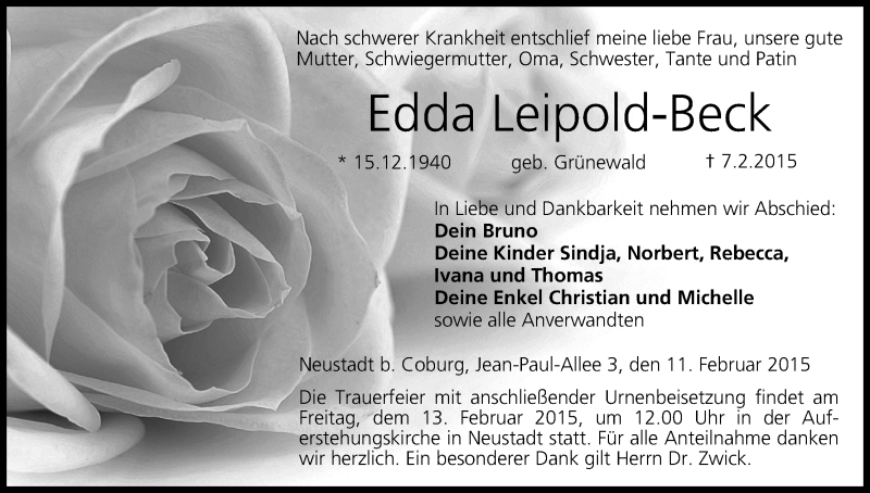  Traueranzeige für Edda Leipold-Beck vom 11.02.2015 aus MGO