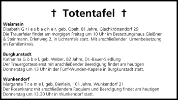 Anzeige von Totentafel vom 22.01.2015 von MGO