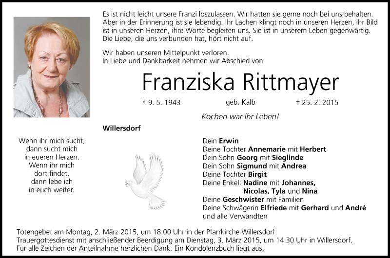  Traueranzeige für Franziska Rittmayer vom 28.02.2015 aus MGO