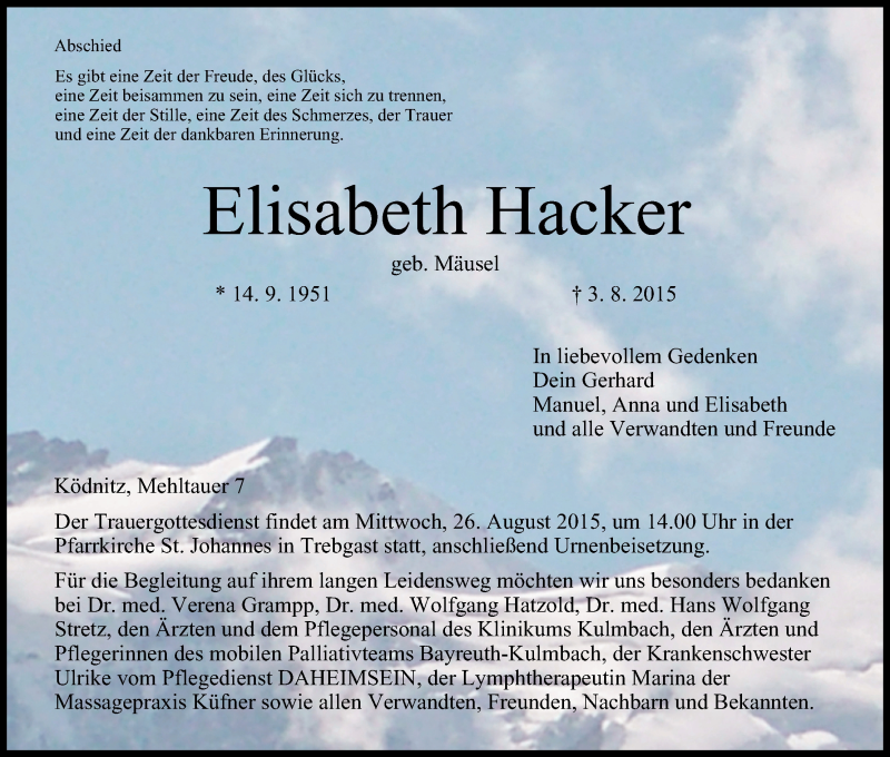  Traueranzeige für Elisabeth Hacker vom 19.08.2015 aus MGO