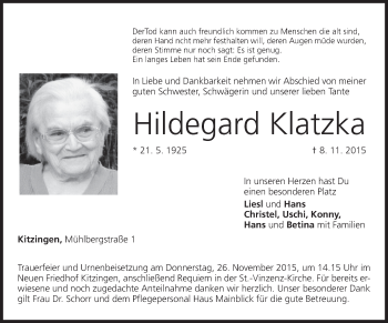 Anzeige von Hildegard Klatzka von MGO