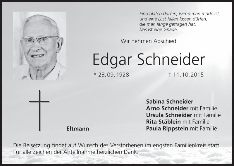  Traueranzeige für Edgar Schneider vom 17.10.2015 aus MGO
