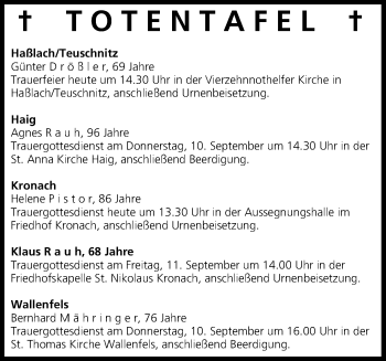 Anzeige von Totentafel vom 09.09.2015 von MGO